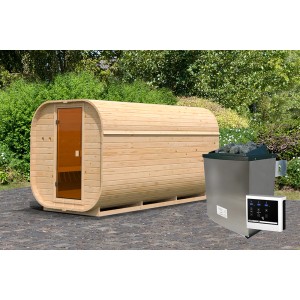 Karibu Fassauna Quadro 3, naturbelassen, mit Ofen und externer Steuerung. Saunahaus aus Fichte.