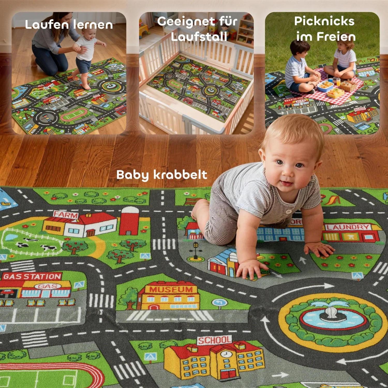 Baby krabbelt auf bunter AIYAPLAY Spielmatte (160x100 cm) mit Stadtmotiv. Rutschfeste Kunstfaser-Matte für Kinder.