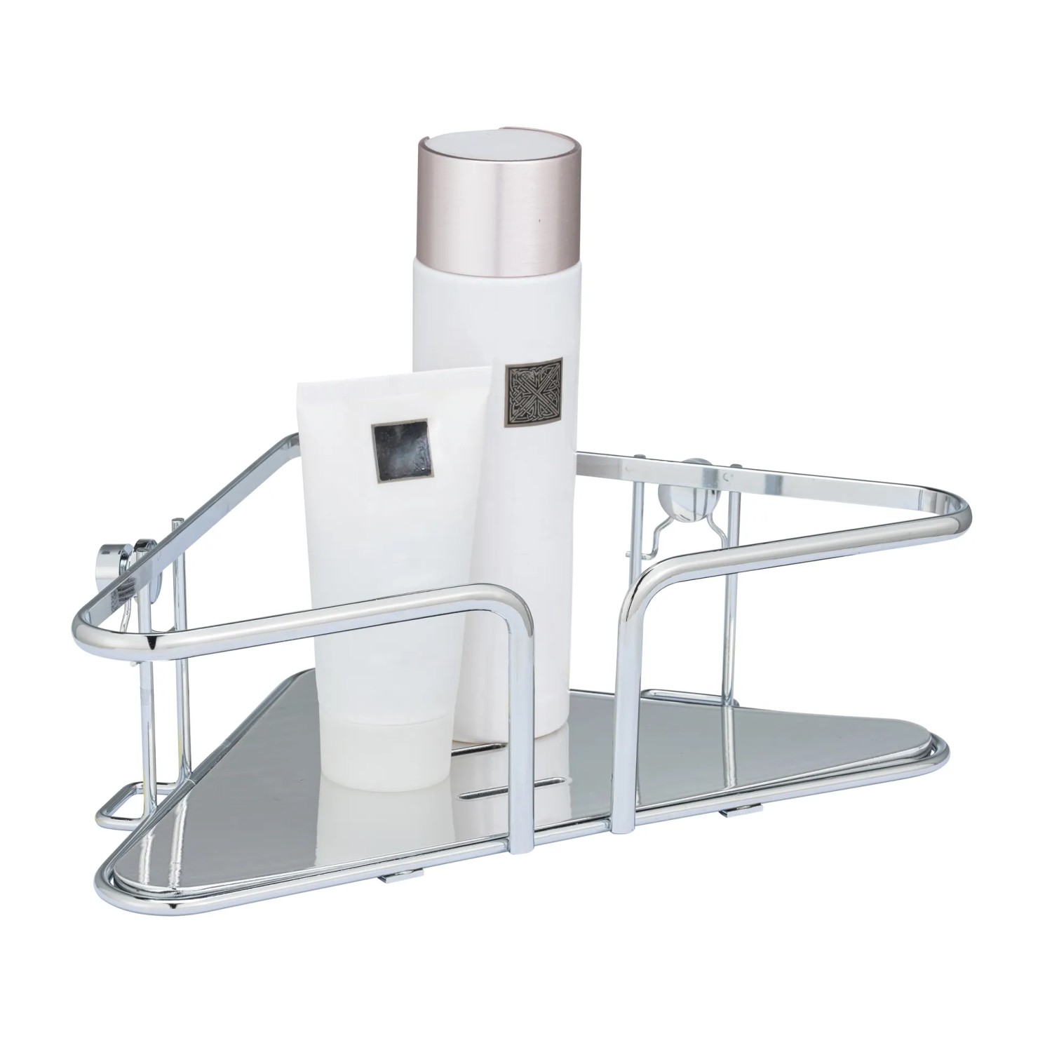 Wenko Eckablage Termoli, Edelstahl, glänzend silberfarben, mit Duschgel und Tube. Bad-Accessoire für die Ecke.