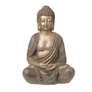 Sitzender Deko-Buddha, 47 cm hoch, in Antik-Gold Optik für Garten und Wohnbereich.