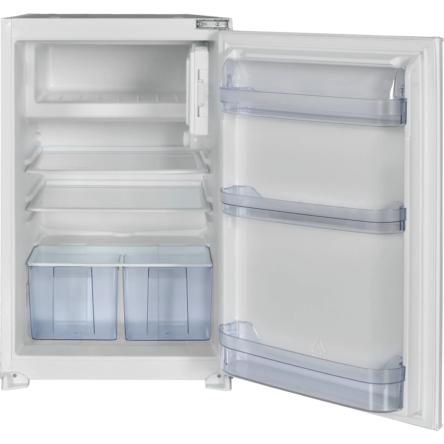 Respekta Einbaukühlschrank, weiß, mit geöffneter Tür und Innenansicht, Teil der Inselküche