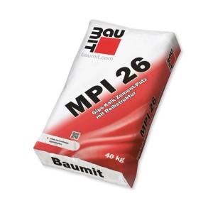 Weißer Baumit Maschinenputz MPI 26 Sack, 40 kg, Gips-Kalk-Zement-Putz für Innenräume mit Reibstruktur.