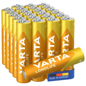 24 Varta LONGLIFE Micro AAA LR03 Batterien, gelb-orange, mit Made in Germany Label.