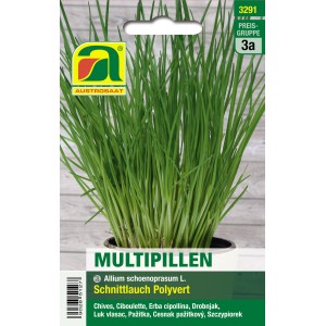 Packung Austrosaat Schnittlauch 'Polyvert' Multipillen mit grünen Halmen.