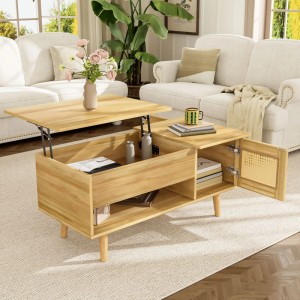 okwish Couchtisch Natur mit anhebbarer Tischplatte, Stauraum und Rattan-Türen im Wohnzimmer.
