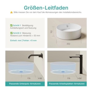 Größen-Leitfaden für Emke rundes Aufsatzwaschbecken aus Keramik. Zeigt Maße, Installationsschritte und passende Armaturen.