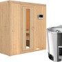 Karibu Sauna Dilja mit Bio-Ofen und externer Steuerung, aus hellem Holz.