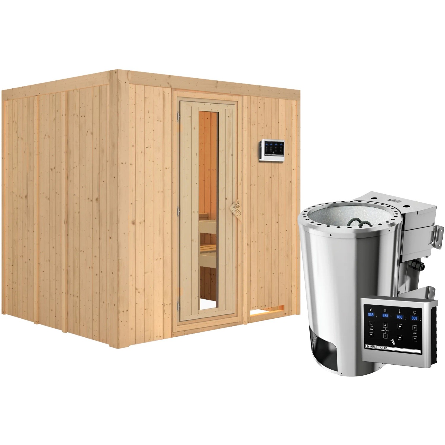 Karibu Sauna Dilja mit Bio-Ofen und externer Steuerung, aus hellem Holz.