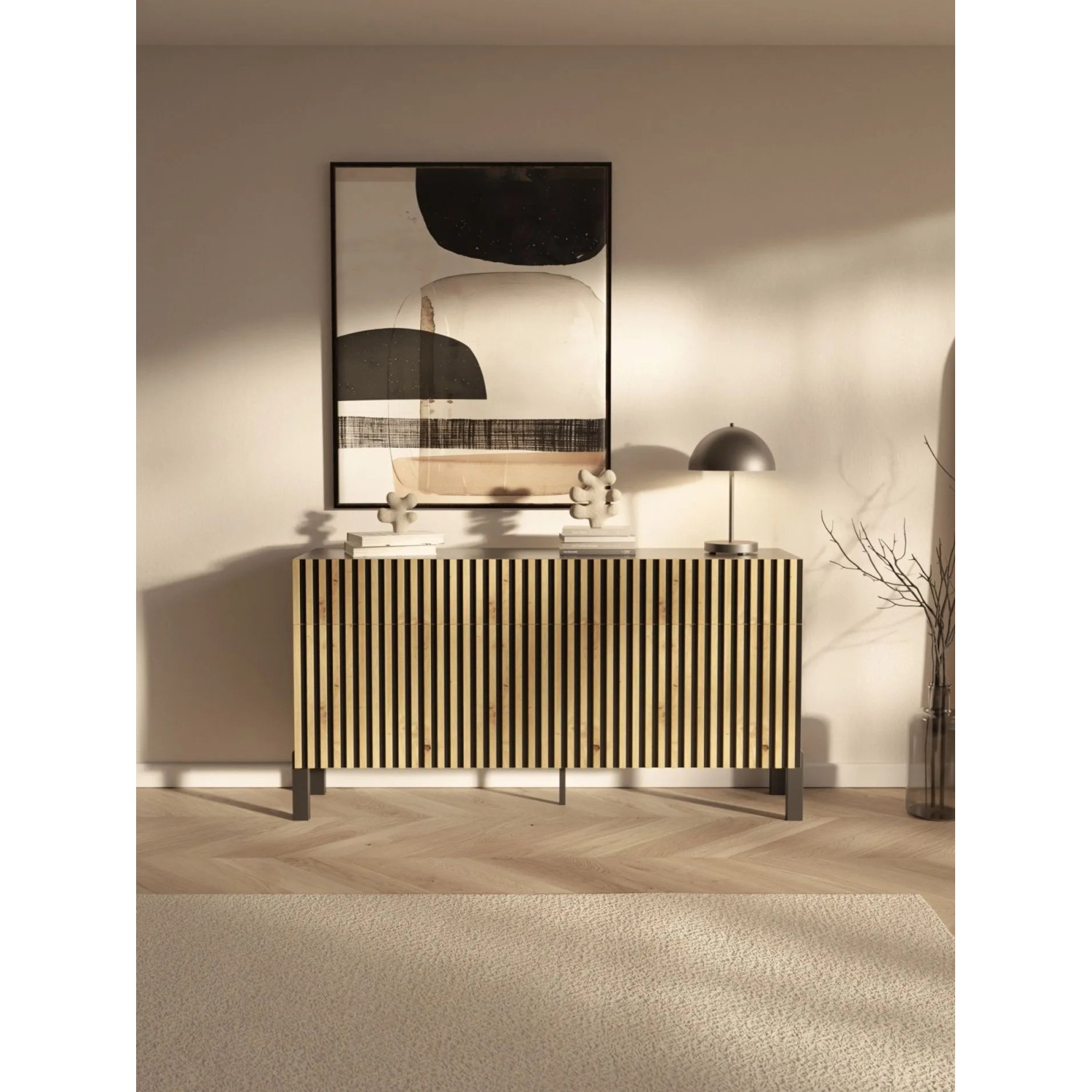 Selsey Telire Sideboard 154 cm: schwarzer Korpus, Artisan Eiche Lamellenfront, Metallfüße. Modernes Wohnzimmer-Design.