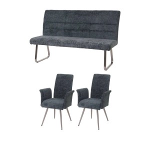 Essgruppe: Sitzbank 160 cm und 2 Stühle mit Armlehne, blau-grüner Chenille-Stoff, Edelstahlgestell.