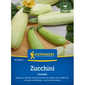 Kiepenkerl Zucchini Ismalia F1 Saatgut: Hellgrüne Zucchini auf Holzbrett.