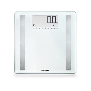 Leifheit Shape Sense Control 200 Personenwaage in Weiß/Silber mit LCD-Anzeige.
