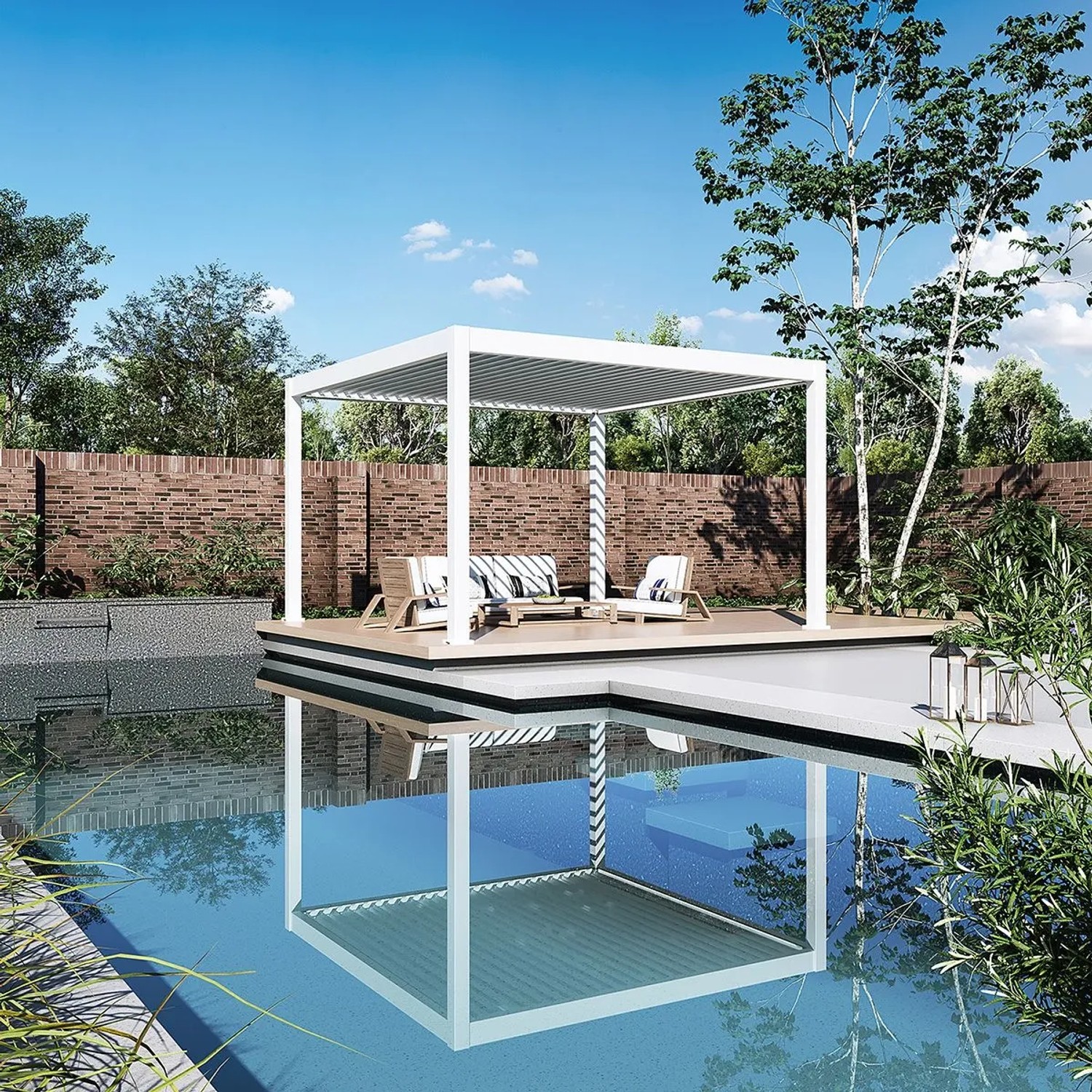 Weißer Weide Deluxe Plus Aluminium Pavillon mit elektrischem Lamellendach am Pool auf Holzterrasse.
