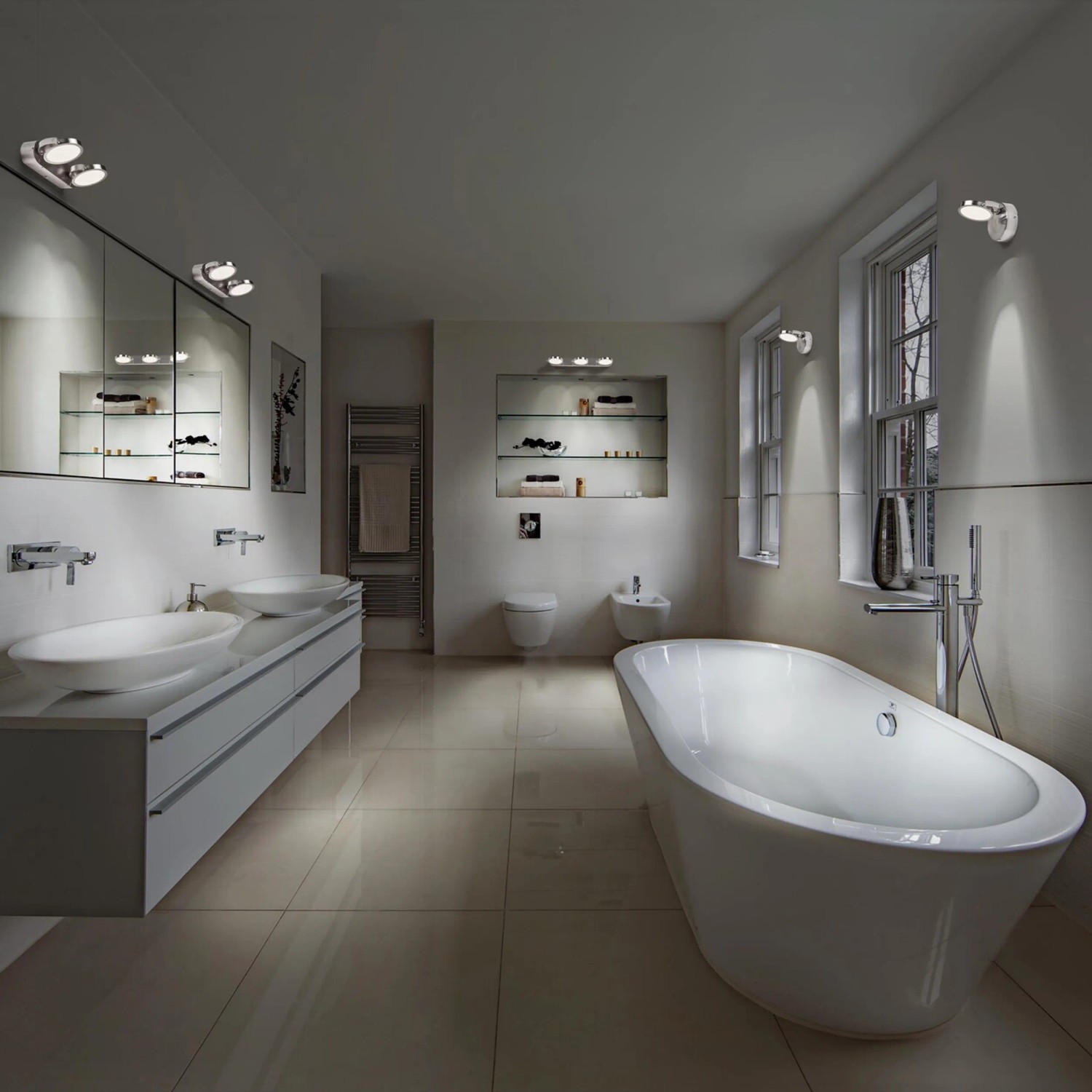 Modernes Badezimmer mit Ledvance Sun@Home Smart+ Leuchte, silber, Ø 45 cm.