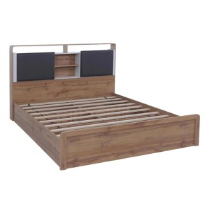 King Size Bett P43 in Wotan-Eiche-Optik/Weiß mit Lattenrost und Staufächern am Kopfteil.