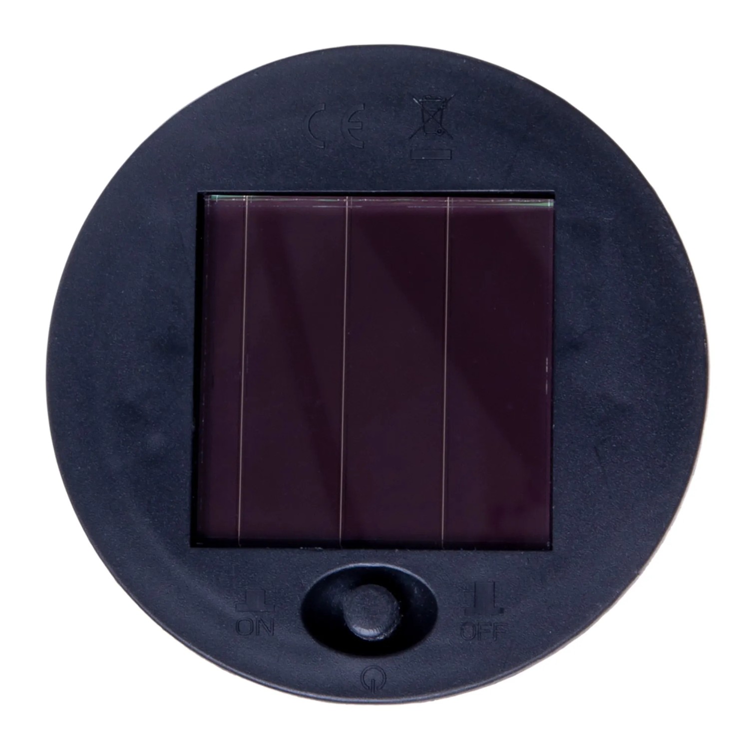 Detailaufnahme der Solarzelle und des Schalters der Näve LED-Solarleuchte Korbinian.