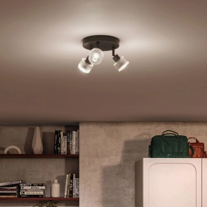 Philips LED-Spot Horen, 3-flammig, schwarz, rund, mit strukturiertem Glas an der Decke. Wand- & Deckenmontage.