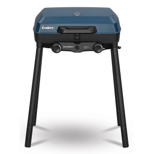 Enders Camping-Gasgrill Explorer II Caravan DE 30 mbar mit blauem Deckel und schwarzen Beinen.