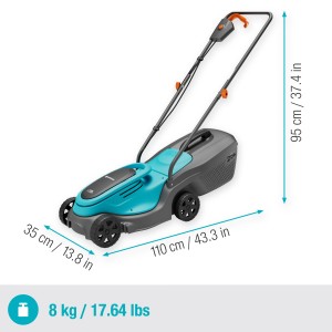 Gardena Akku-Rasenmäher PowerMax 30/18V, blau-grau, mit Maßen. Kompakter Rasenmäher für kleine Gärten.