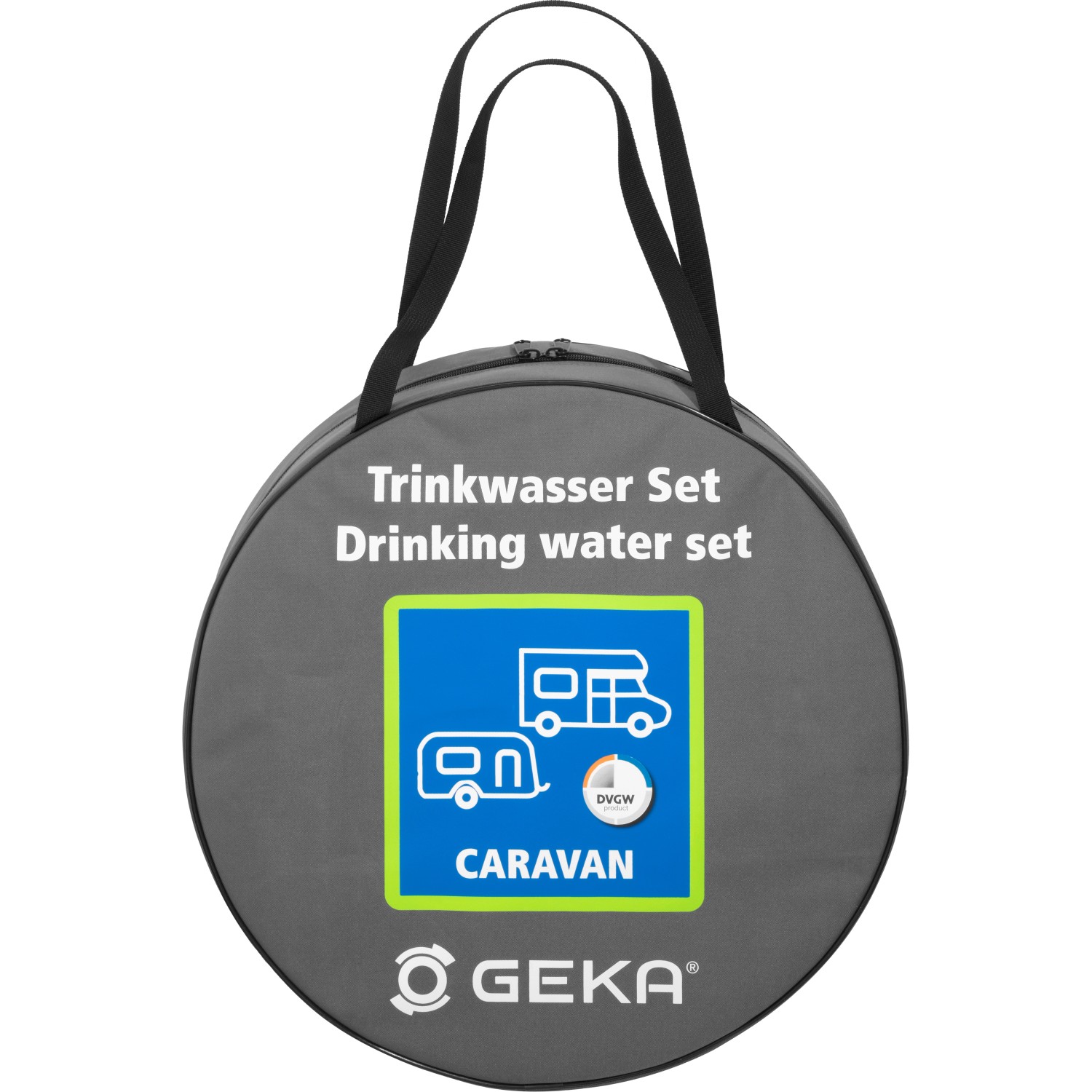 Geka Trinkwasser-Set in Tasche, blau-messingfarben, für Caravan und Camping.