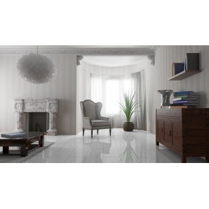 Heller Wohnraum mit Jangal Laminat 8 mm Marmor White Boden, Kamin und Möbeln.