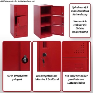 Roter MCW Spind P63 mit 3 Türen, Ansichten und Details des Büroschranks.