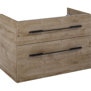 Maximus Waschbeckenunterschrank MADRID Eiche 80 cm mit zwei Schubladen und schwarzen Griffen.