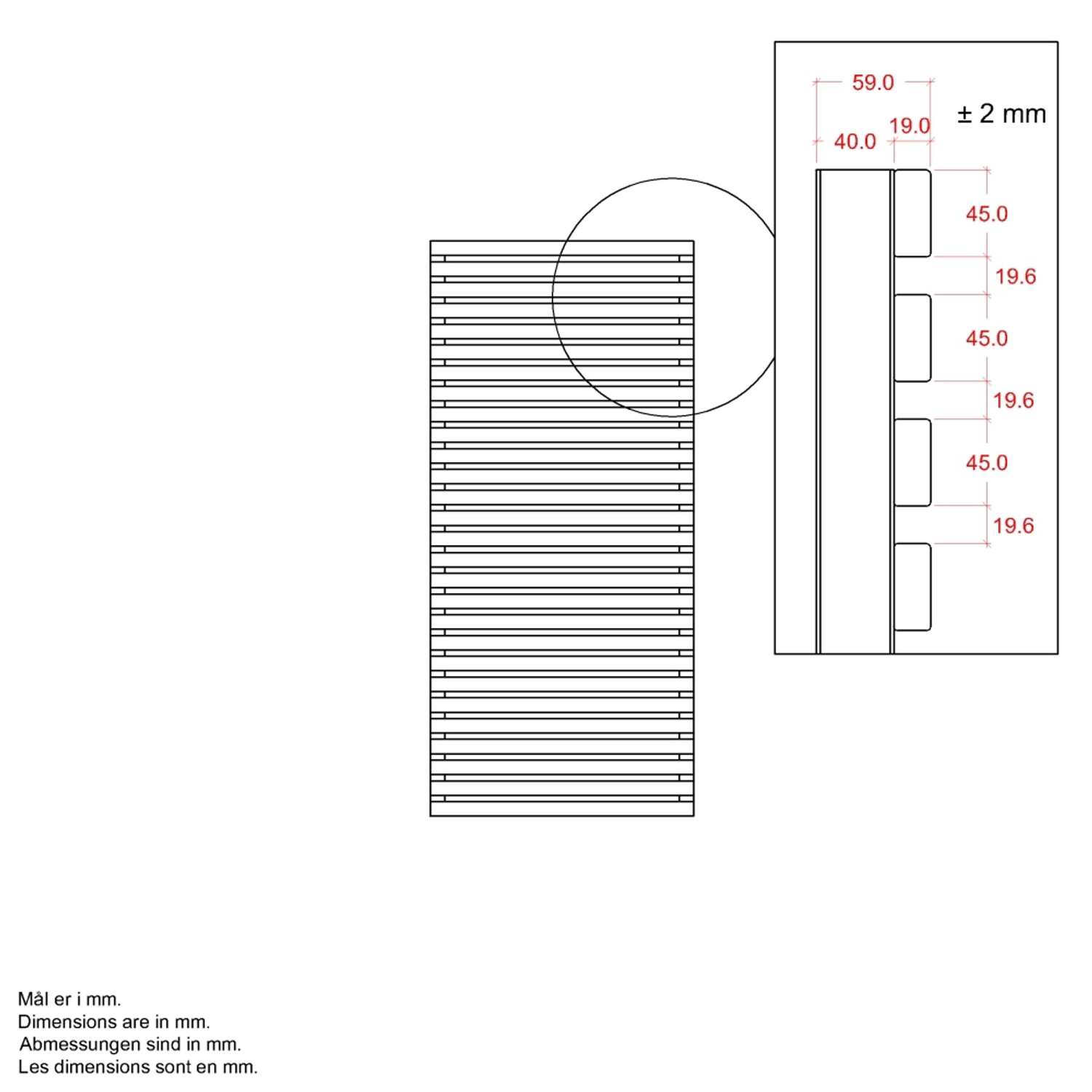 Technische Zeichnung: Tokyo ThermoWood® Sichtschutzzaun, Maße und Details der Latten und Rahmen.