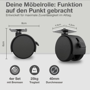 Schwarze K-Möbel Möbelrollen 40mm im 4er Set mit Bremsen. Kompakte Schwenkrollen für Tische, 6cm hoch, 4,3cm Montageplatte.
