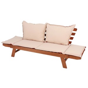 Gartenbank Fortuna 2-Sitzer aus Eukalyptusholz mit Auflagen und Kissen.