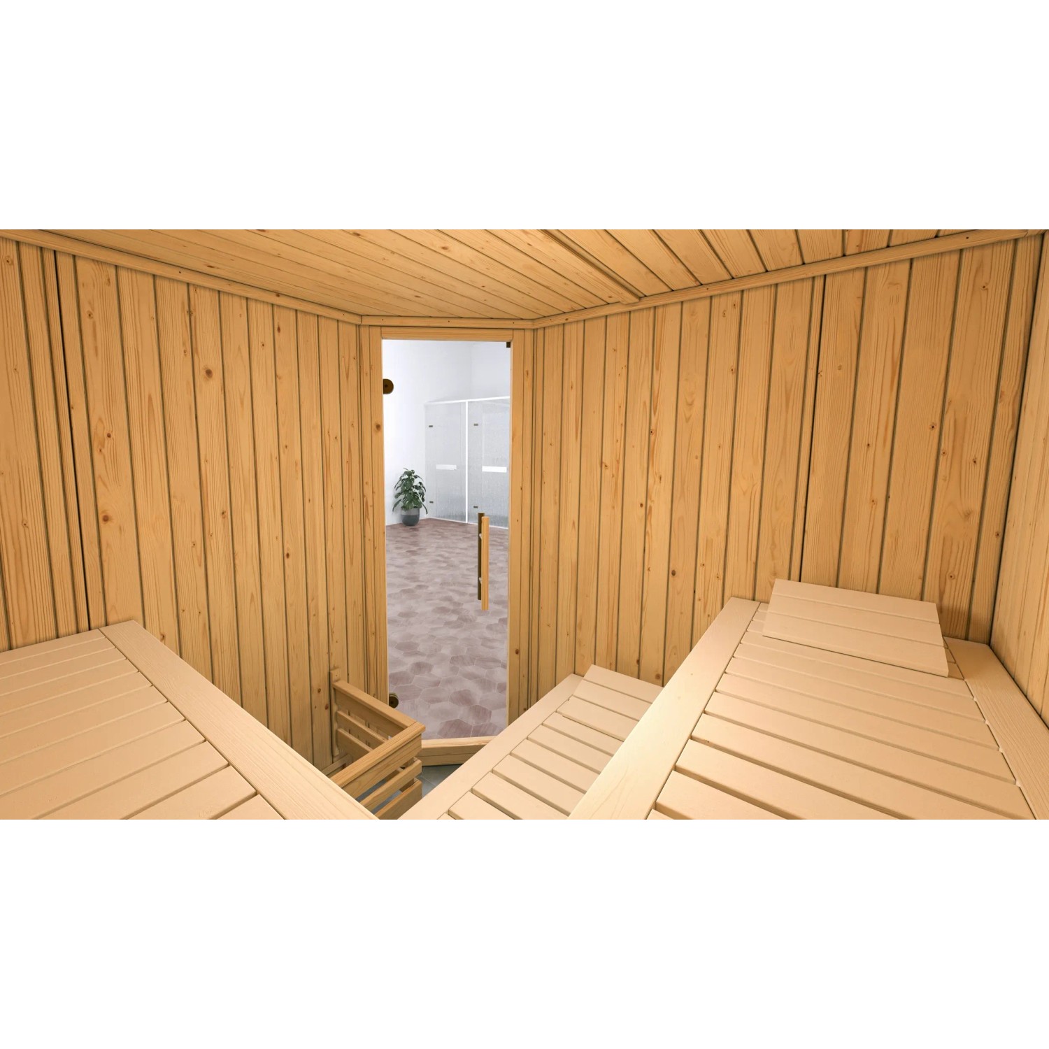 Weka Element-Ecksauna Varberg mit Glastür, Fichtenholz, Liegen und Ofen (7,5 kW) im Sparset.