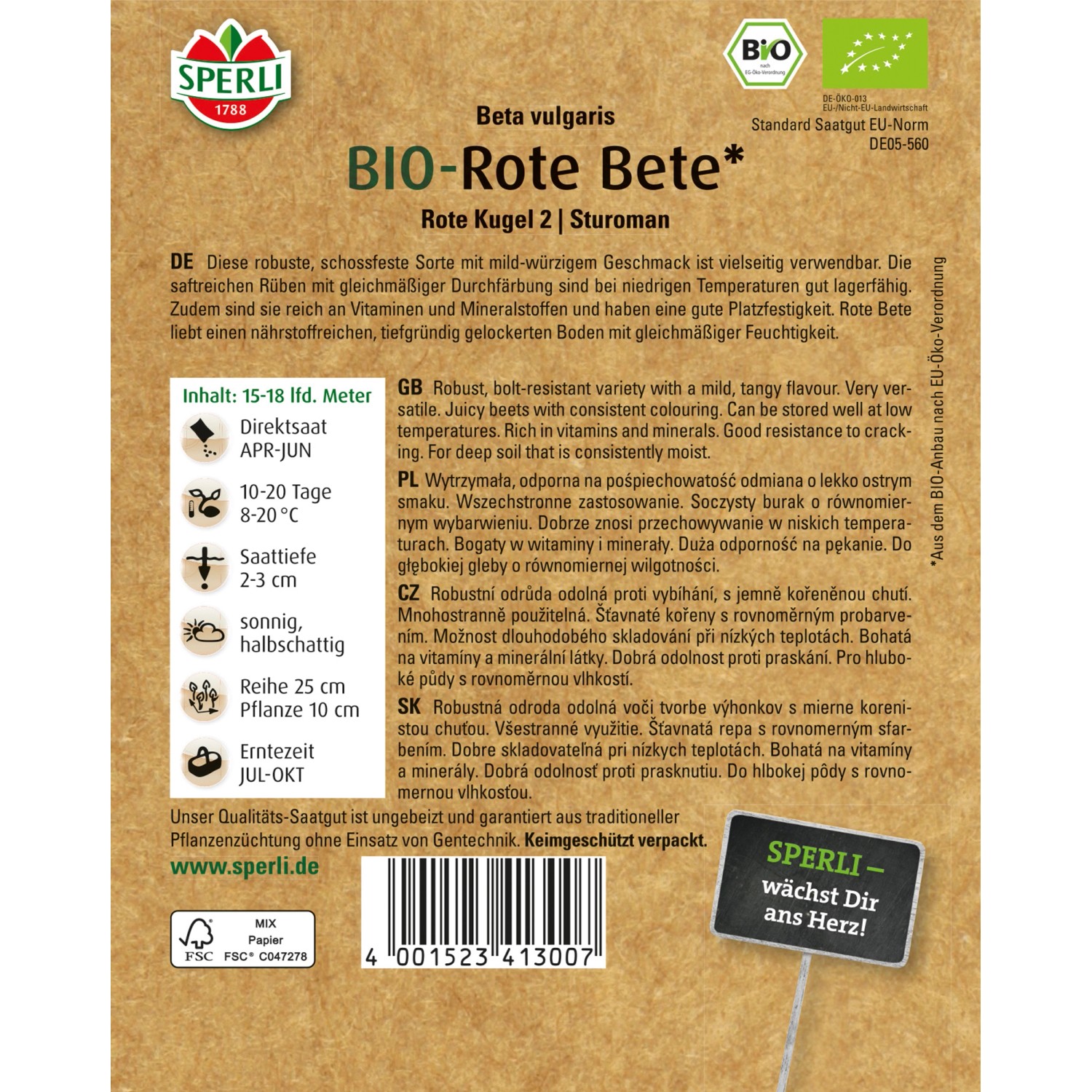 Sperli Bio Rote Bete Samen, Sorte Rote Kugel 2, für den Anbau im Garten.