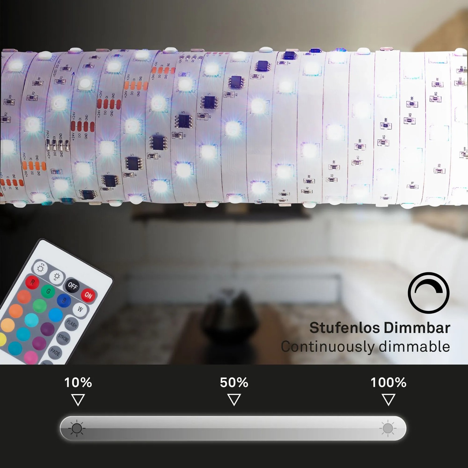 Flexibler RGB LED-Streifen für Außen mit Fernbedienung, dimmbar und kürzbar, 10 Meter lang.