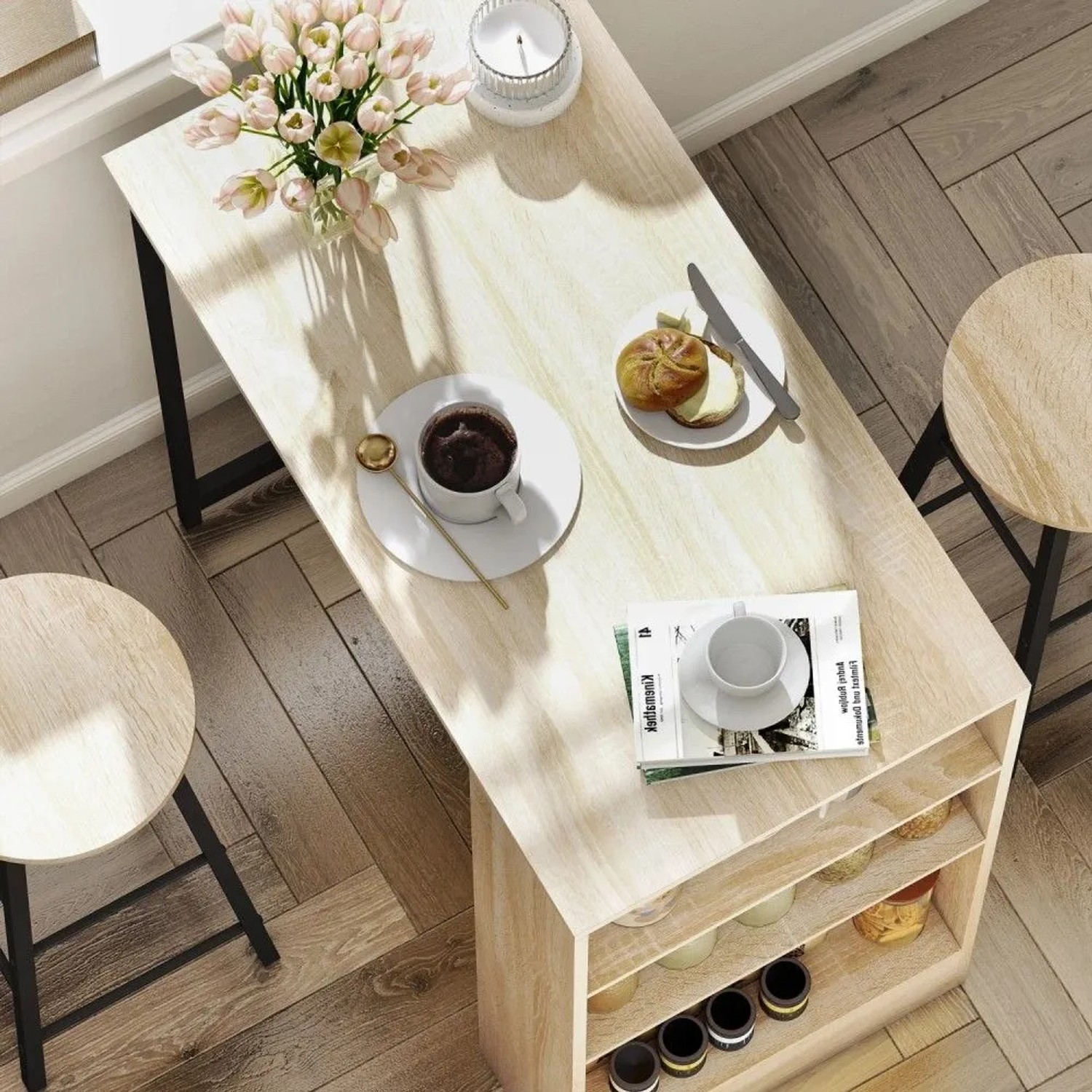 3-teiliges Bartisch Set Eiche-Optik mit schwarzen Metallbeinen, integriertem Regal und zwei Barhockern für Küche/Esszimmer.
