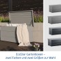 EcoStar Gartenbox Elegant, Graualuminium, 166x88x73 cm, geöffnet mit Decke und Kissen.