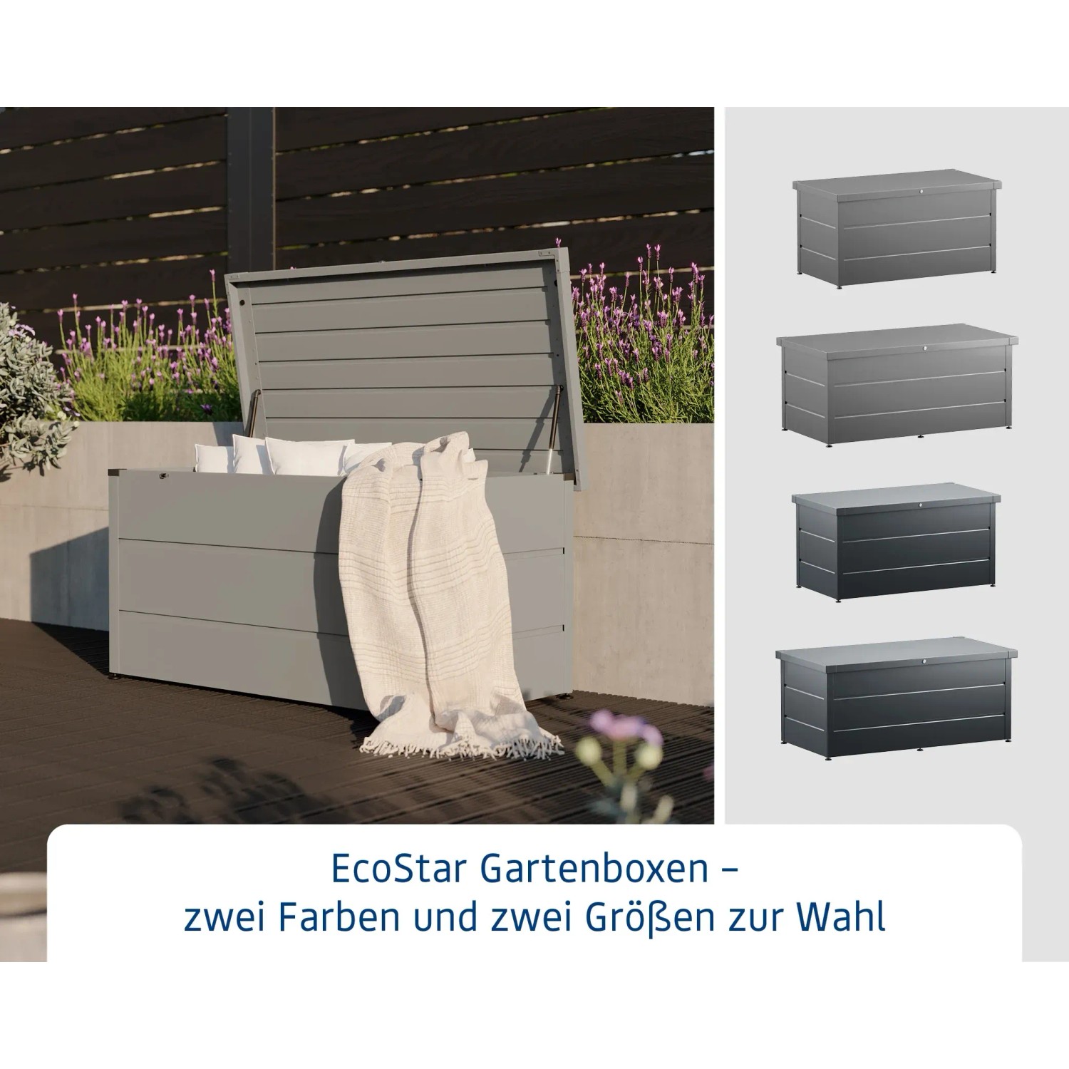EcoStar Gartenbox Elegant, Graualuminium, 166x88x73 cm, geöffnet mit Decke und Kissen.