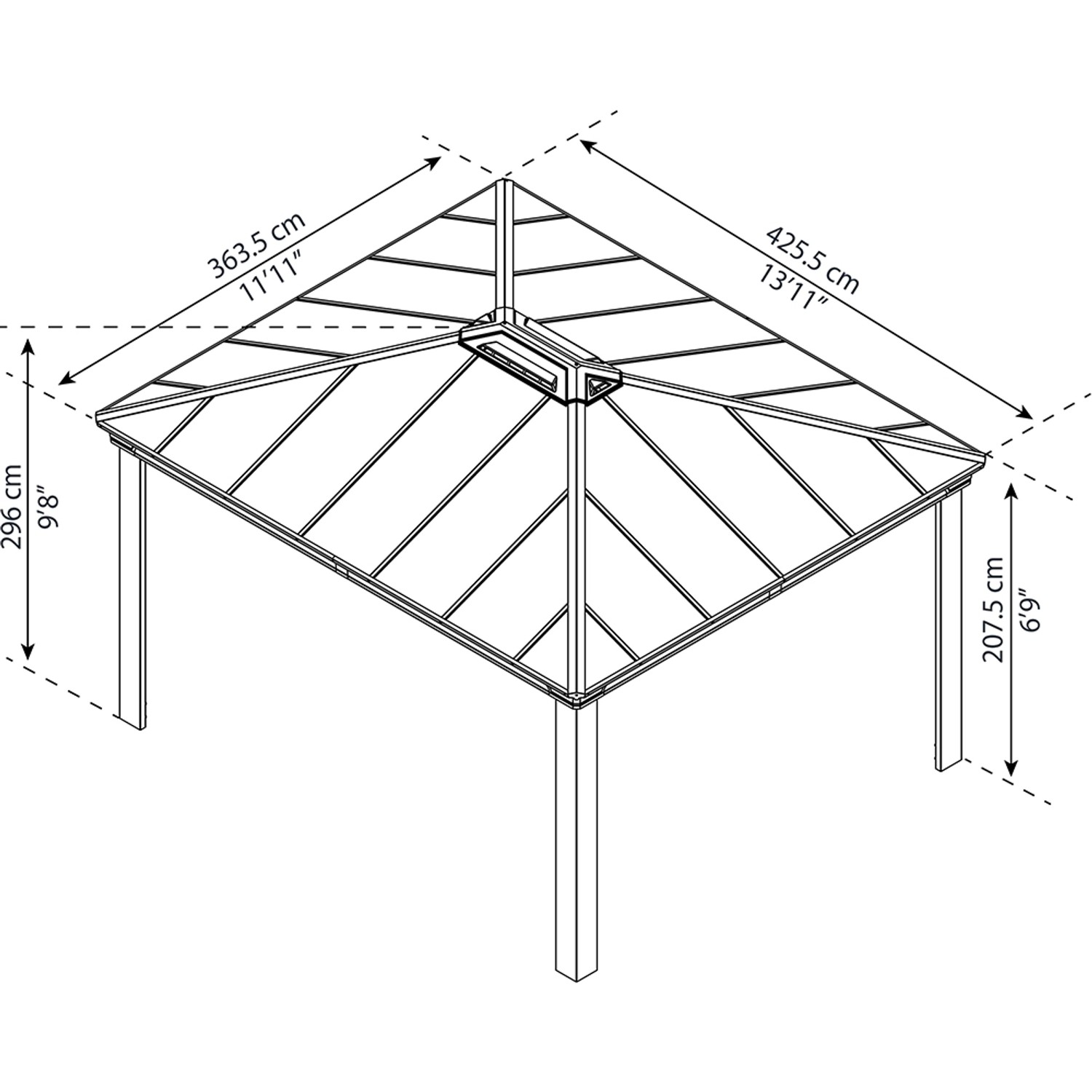 Technische Zeichnung: Palram Canopia Dallas 4.3 x 3.6 Gartenpavillon mit Maßen.