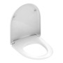 Weißer D-Form WC-Sitz aus Duroplast mit Absenkautomatik. Glatte, bruchsichere Oberfläche.