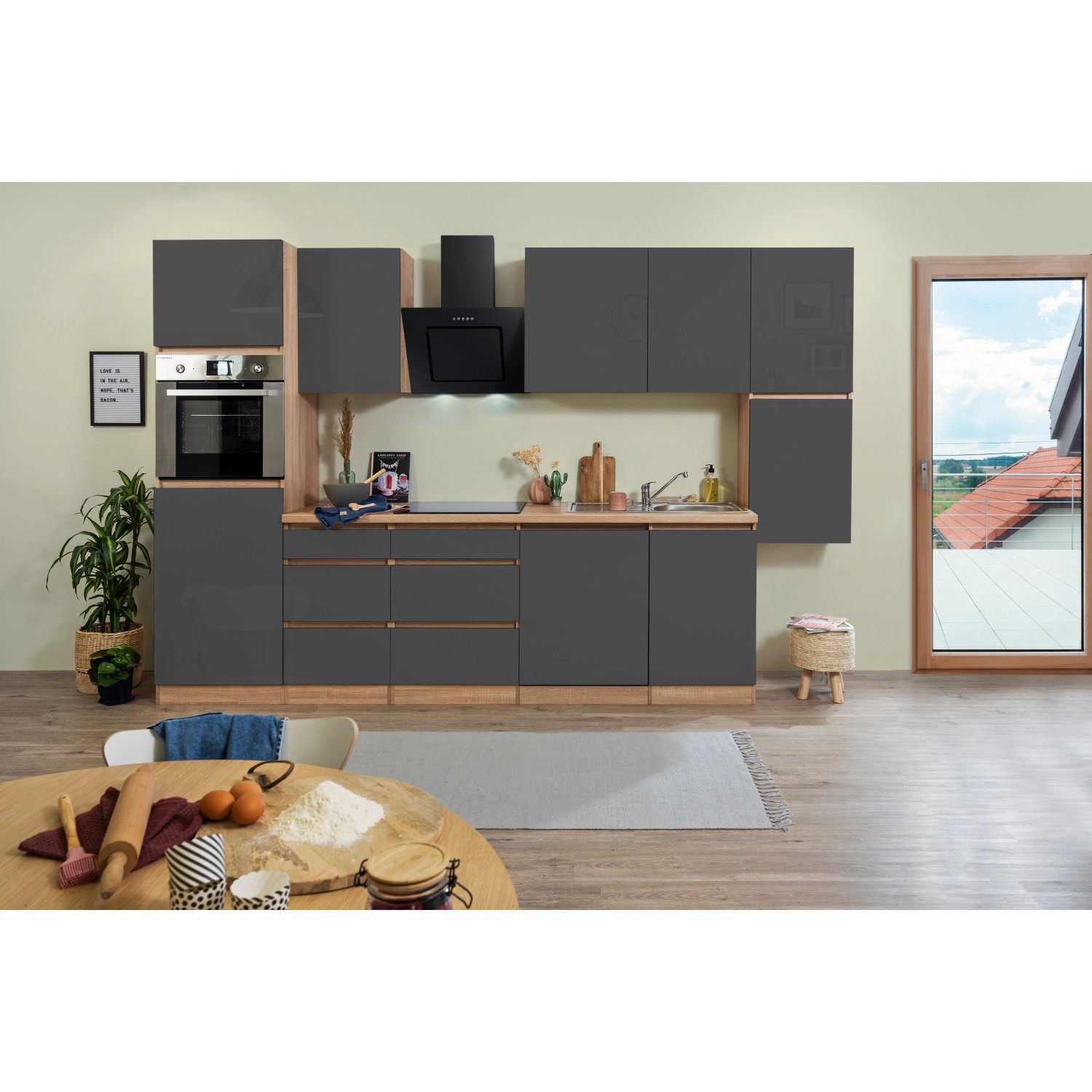 Moderne, graue Respekta Küchenzeile mit grifflosen Hochglanzfronten und Eiche-Optik. Inklusive E-Geräte.