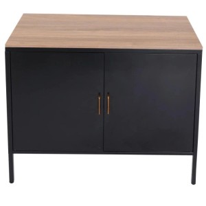 Schwarze MCW Kommode L84-2 mit zwei Türen und hellbrauner Holzplatte.
