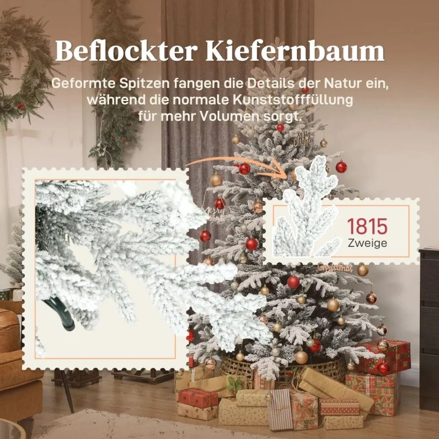 Beflockter HOMCOM Weihnachtsbaum, 180 cm hoch, mit schneebedeckten Kiefernzweigen und festlicher Weihnachtsdekoration.