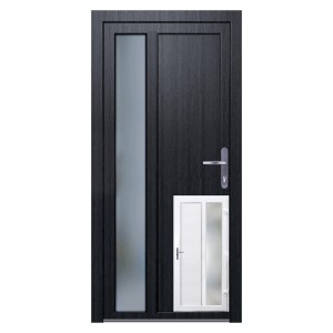 Nebeneingangstür K511, Kunststoff, innen weiß, außen anthrazit, mit Glaseinsatz und Katzenklappe.