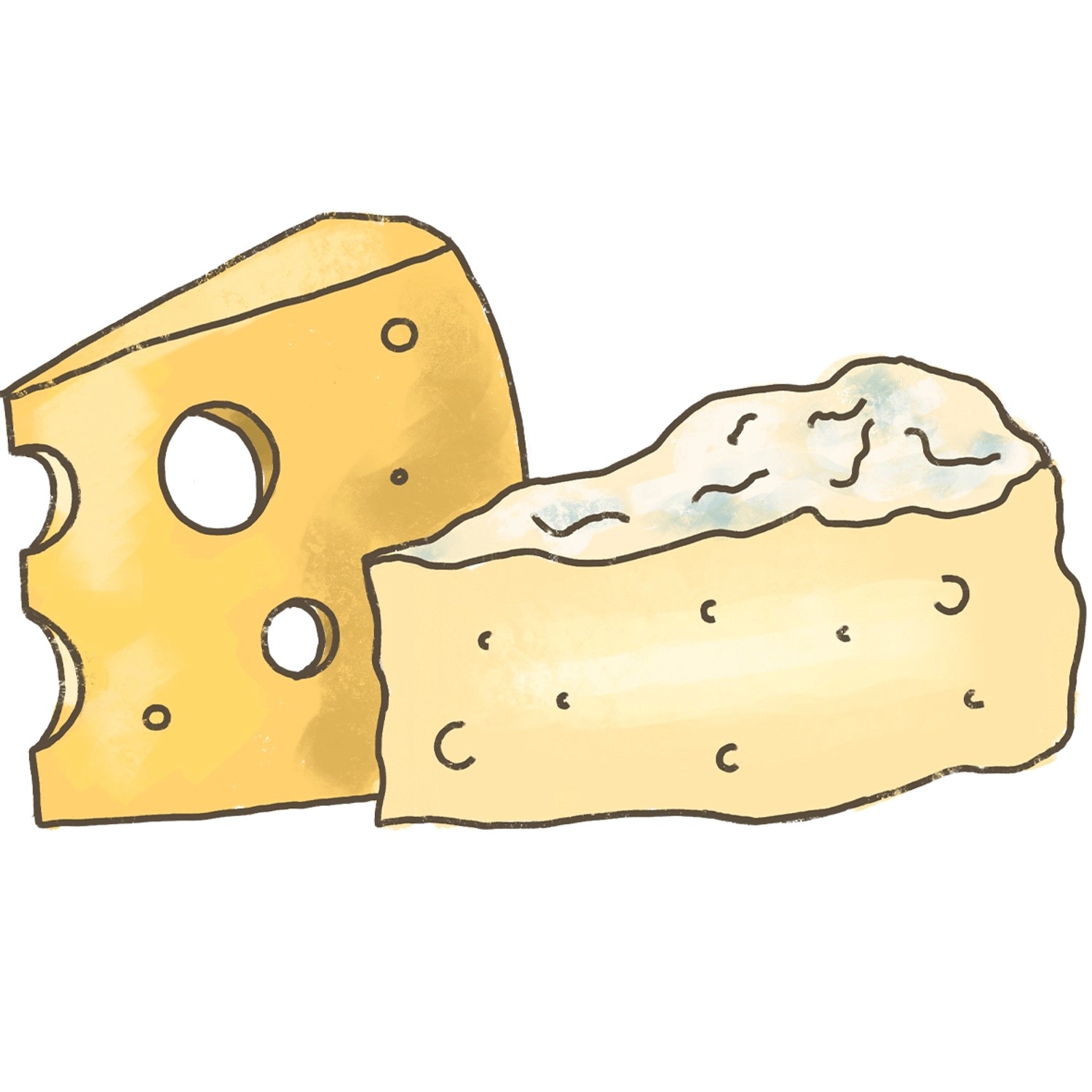 Illustration von zwei Käsestücken: Emmentaler und Blauschimmelkäse.