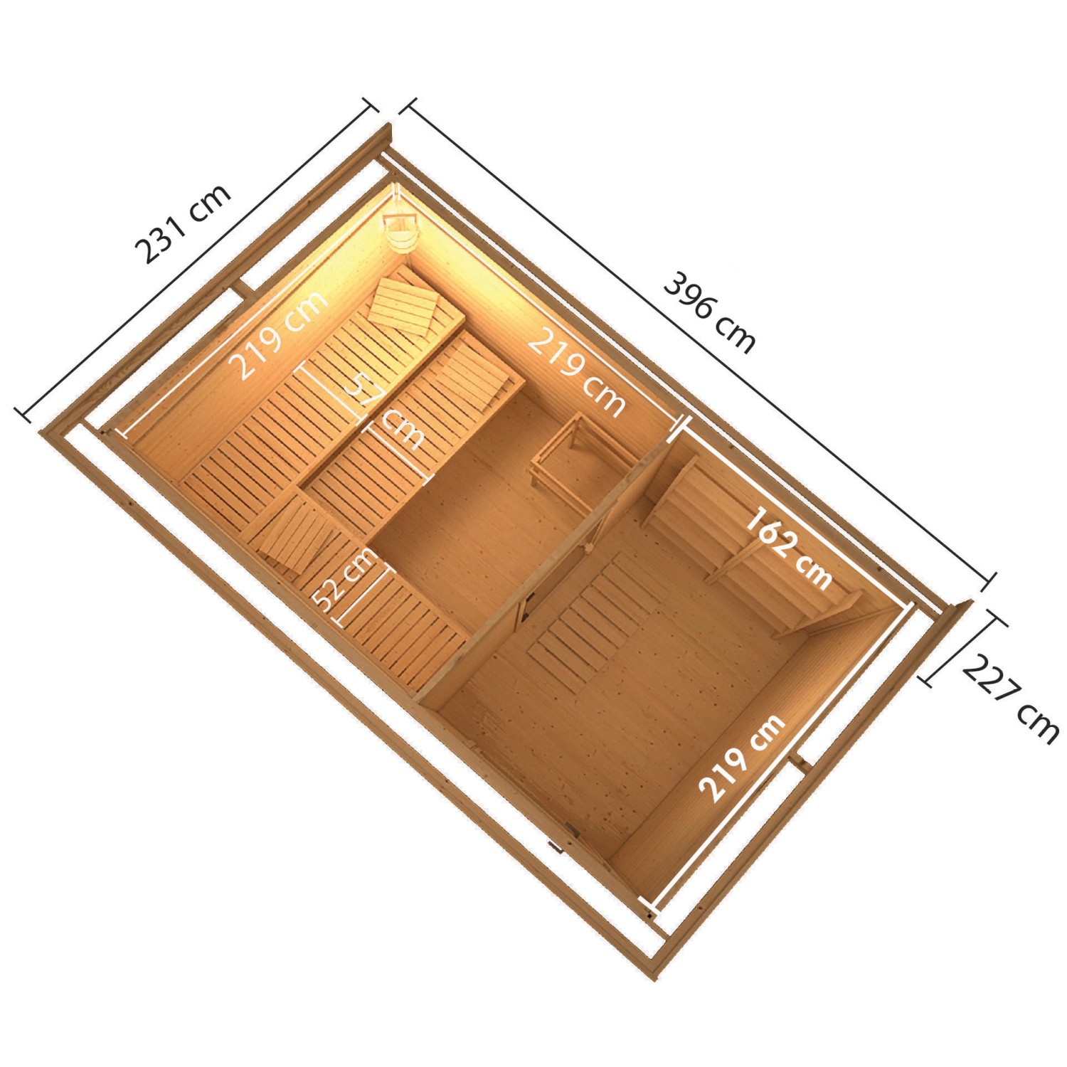 Grundriss Karibu Saunahaus Hendrik 3: Maße und Anordnung von Bänken und Ofen im Saunahaus.