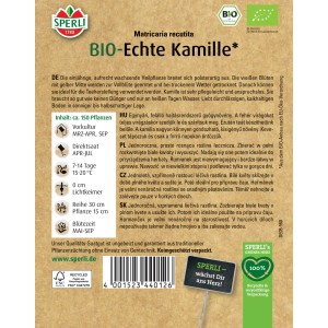 Samenpackung Sperli Bio Echte Kamille mit weißen Blüten und grünen Blättern.