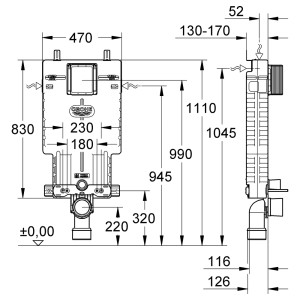 Technische Zeichnung Grohe Uniset für WC, Maße und Details zur Installation des WC-Vorwandelements.