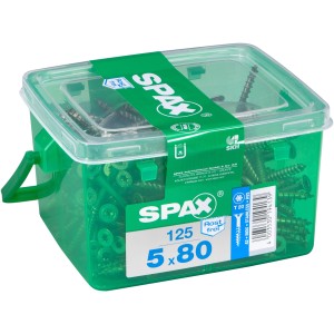 Spax Terrassenschrauben 5x80 mm, 125 Stück im transparenten, grünen Behälter.