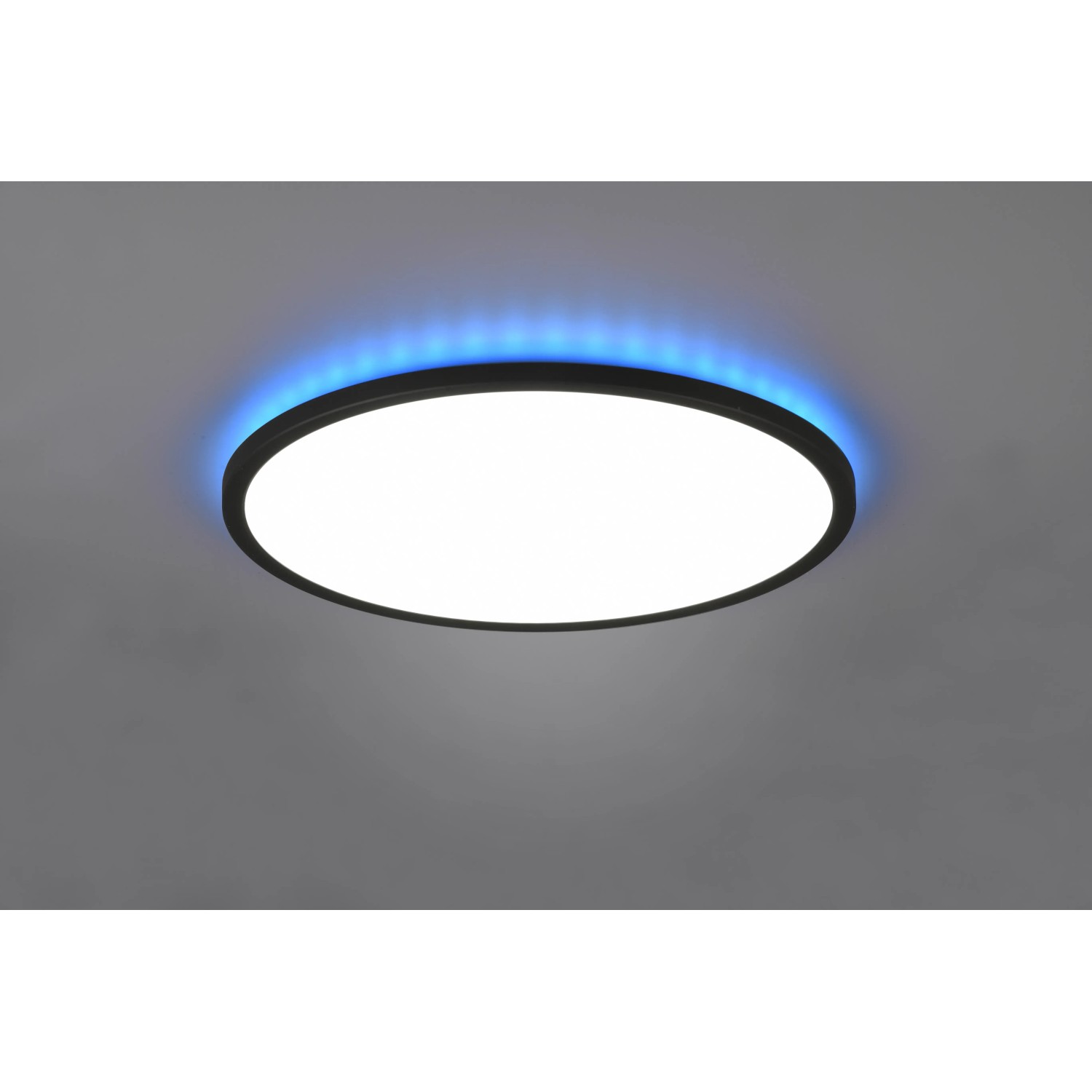 Schwarze, runde LED-Deckenleuchte Aureo mit RGB-Hintergrundbeleuchtung, Ø 40 cm.