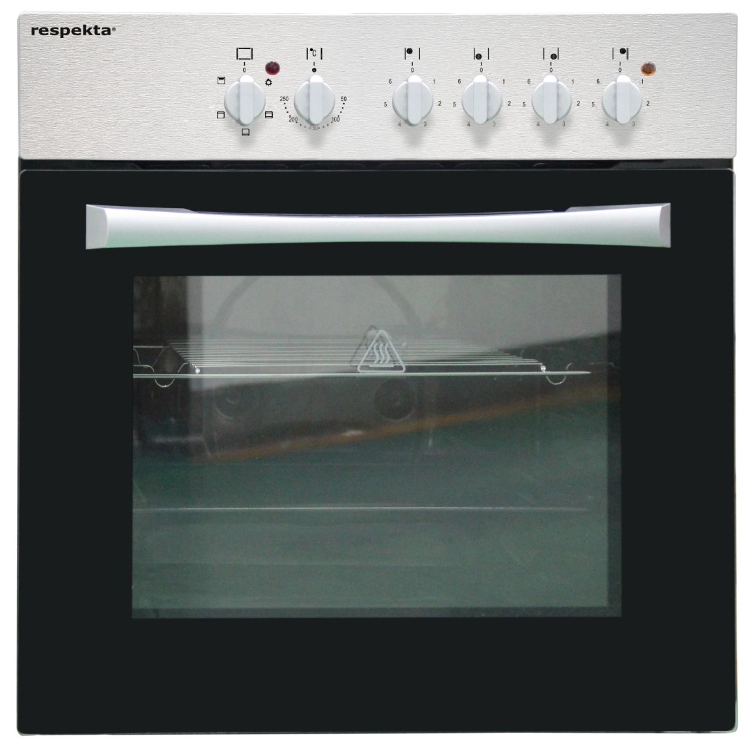 Respekta Einbauherd für Küchenzeile, Edelstahloptik mit schwarzer Glasfront und Bedienknöpfen.