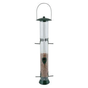 Esschert Design Vogelfuttersilo XL mit sechs Öffnungen, gefüllt mit Vogelfutter.